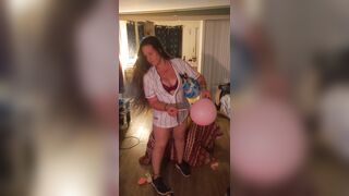 Hot step mom in bra and panties popping balloons with cigarettes, gets her horny and pussy soaked