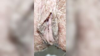 Girl with Delicious Extra Hairy Pussy Peeing Mega Close Up