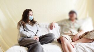 Petite brunette college girl removes face mask has loud moaning sex. amwf