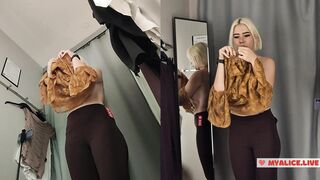 Blonde with pink pussy Try on Clothes in Mall. Milf Without Panties in Fitting Room