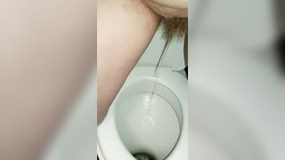 Point of view on the Hairy Pussy Pissing in the Toilet Powerful Standing Pee