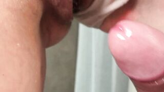 Let me pee on your dick before I sit on it. Please cum inside me. Dripping creampie. Close-up.