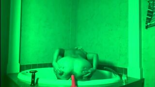 All Green Solo Hot Horny Big Ass & Tits Step Mom Milf Rubs Her Pussy and Moans Loudly Riding Dildo