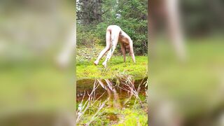 Blonde girl doing yoga pose outdoor