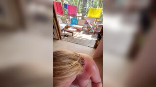 Blowjob in exhibition in a naturist campsite in France: Agathe sucks naked and cums in mouth