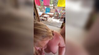 Blowjob in exhibition in a naturist campsite in France: Agathe sucks naked and cums in mouth