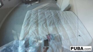 Big tittied blonde rubs her self in a Motel