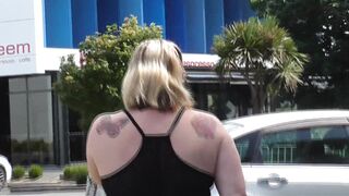 NZ Trashy MILF slut public pissing in the bus stop in full view of traffic & public