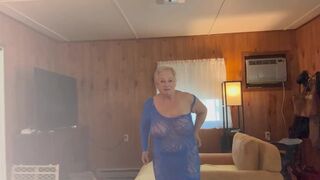 GILF TRIES ON SUPER TRANSPARENT BLUE DRESS