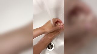 worship big feet in bathroom