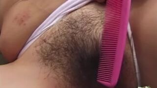 Racy brunette finally lets her man pound her and cum on her hairy Asian twat