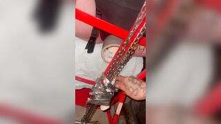 Loud pregnant submissive chained in garage to moving trolley - wand taped to her clit and cums hard