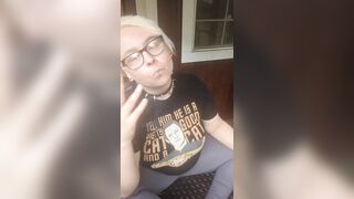 Nerdy Chubby Slut Smoking on Porch