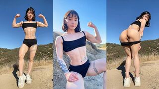 Petite cute and fit Asian girl on a hike in nature flexes her muscles and flashes her tits and pussy