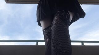 Girl tries to hold her pee in sexy lingerie fishnets high heels omorashi peeing upskirt