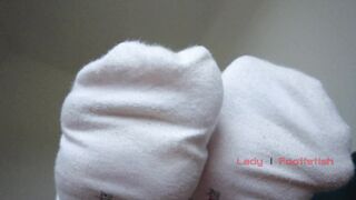 Mistress shows and orders to smell her feet in white socks, foot worship POV