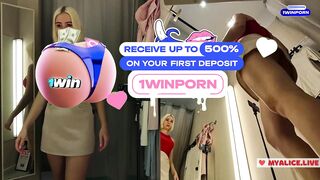 Young blonde with big tits tries on transparent clothes. Blonde MyCandyAlice shows tits in public