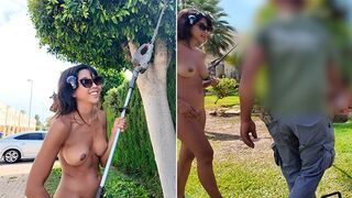 Cutting Grass Totally Naked in Public Hotel Garden