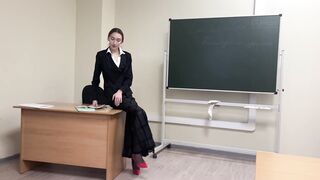 teacher is teaching a lesson at school, but one of students look only on her sexy shoes and heels