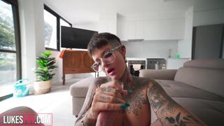 Tattooed Babe Split Tongue Blowjob & POV Fucking