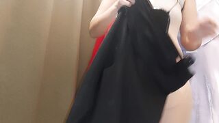 Hot amateur brunette tries on clothes undressed fitting room, hair pussy