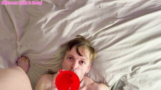 I peed in my slut's mouth and filled his ass with my piss using enema. Very nasty pee play