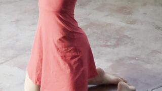 goddess like stretching in red dress